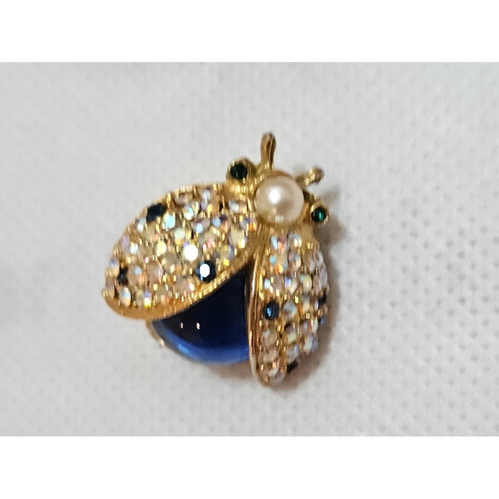 Sparkling Ladybug Brooch Pin Rhinestone Pearl Blue Gemstone Gold Tone - Picture 14 of 16